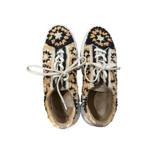 Free People Crochet Sneakers women 9 Boho Coastal Cowgirl Festival Black Cream
